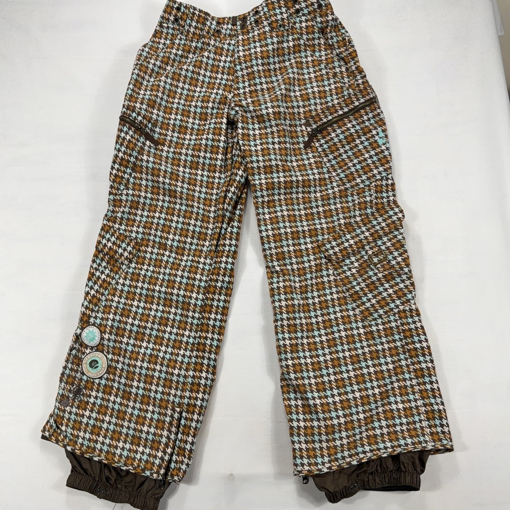 Burton Snowboard Pants Women Houndstooth Plaid Insulated Cargo Size M Brown Teal